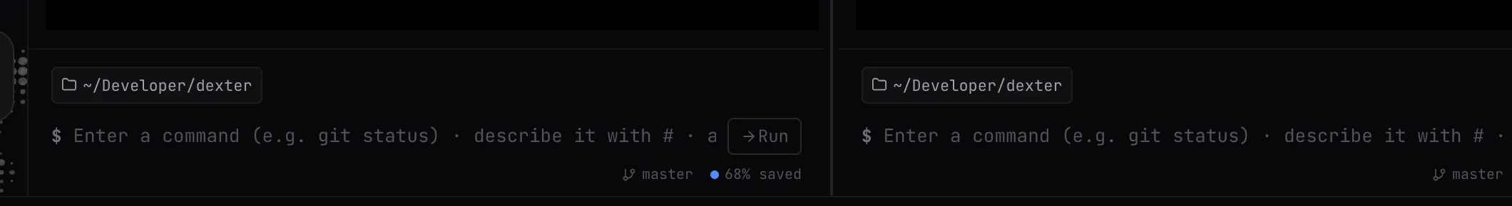 Bottom command box and token savings badge